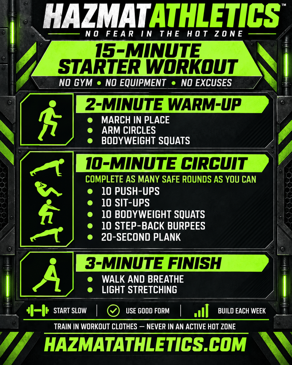 HazmatAthletics 15-minute starter workout poster — warm-up, circuit, and finish