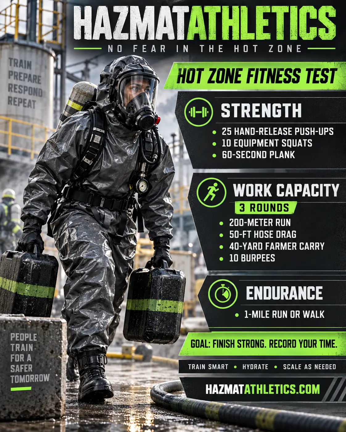 HazmatAthletics Hot Zone Fitness Test poster — strength, work capacity, and endurance
